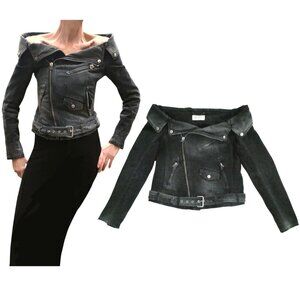 FAITH CONNEXION denim off shoulder Moto jacket sz L distressed black